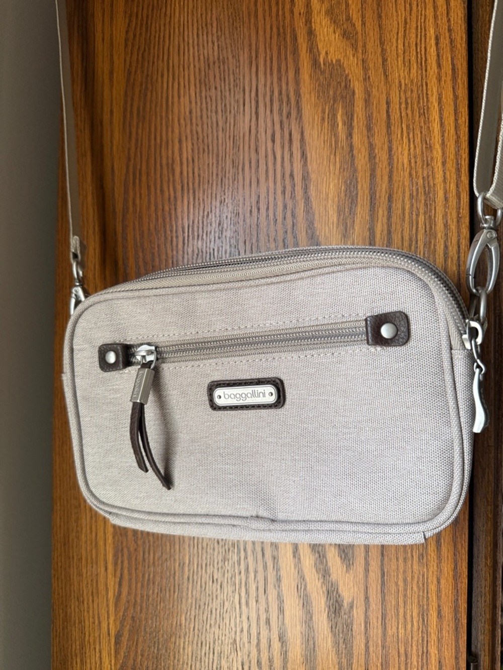 Baggallini Small Crossbody Bag in Light Taupe with Dark Brown Trim